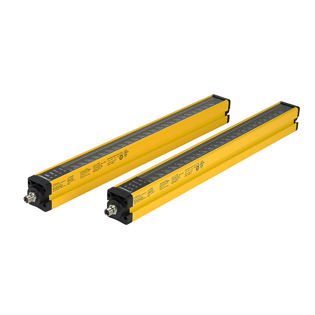 YBB-30K4-0400-G012 - Contrinex safety light curtain, sender/receiver pair, hand protection, 24 VDC, 30mm resolution, 403mm protected height, 0.25-12m operating distance, safety category Type 4, IP65 IP67, (2) 5-pin M12 quick-disconnects.