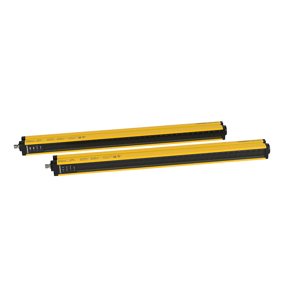 YBB-30K4-0500-G012 - Contrinex safety light curtain, sender/receiver pair, hand protection, 24 VDC, 30mm resolution, 532mm protected height, 0.25-12m operating distance, safety category Type 4, IP65 IP67, (2) 5-pin M12 quick-disconnects.