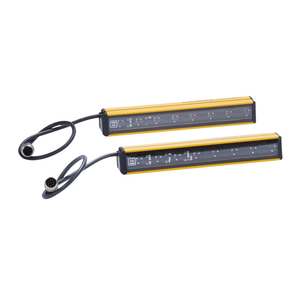 YBES-30K4-0170-P012 - Contrinex safety light curtain, sender/receiver pair, hand protection, 24 VDC, 30mm resolution, 170mm protected height, 0.25-5.0m operating distance, safety category Type 4, configurable, IP65, (1) 5-pin and (1) 8-pin M12 qui...
