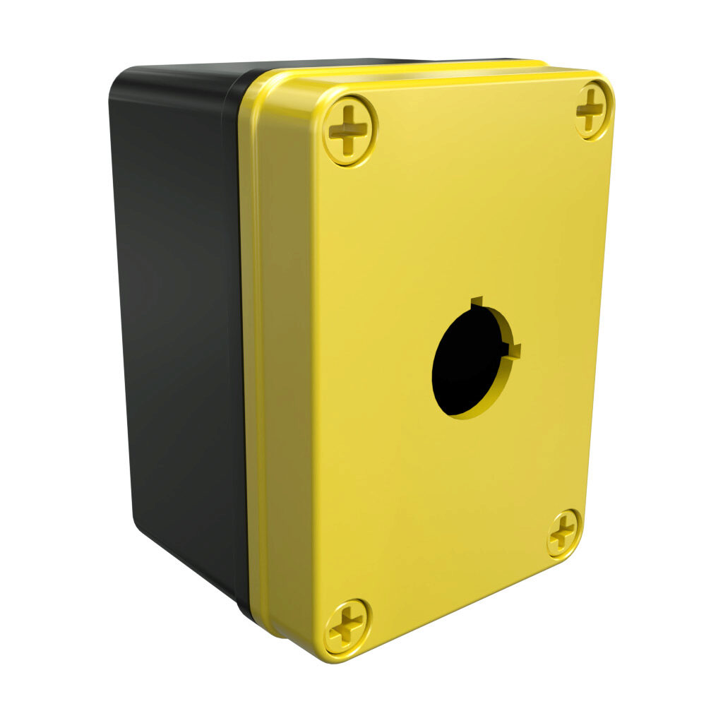 YW-COPC1PB22 - AttaBox Commander series pushbutton enclosure, 1 hole, 22mm, NEMA 1/3R/4X/6P/12, 4 x 3 x 2in (HxWxD), polycarbonate, yellow cover/black body, screw cover.