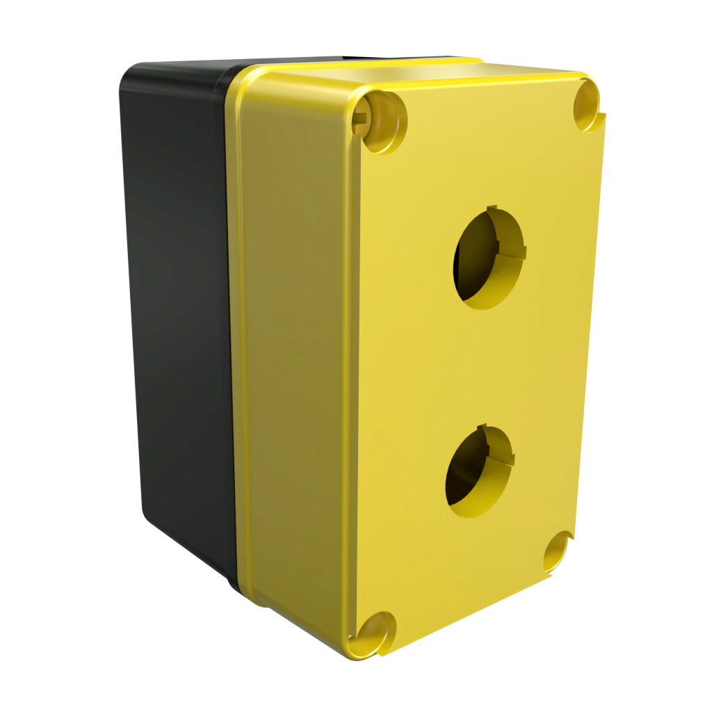 YW-COPC2PB22 - AttaBox Commander series pushbutton enclosure, 2 holes, 22mm, NEMA 1/3R/4X/6P/12, 5 x 3 x 3in (HxWxD), polycarbonate, yellow cover/black body, screw cover.