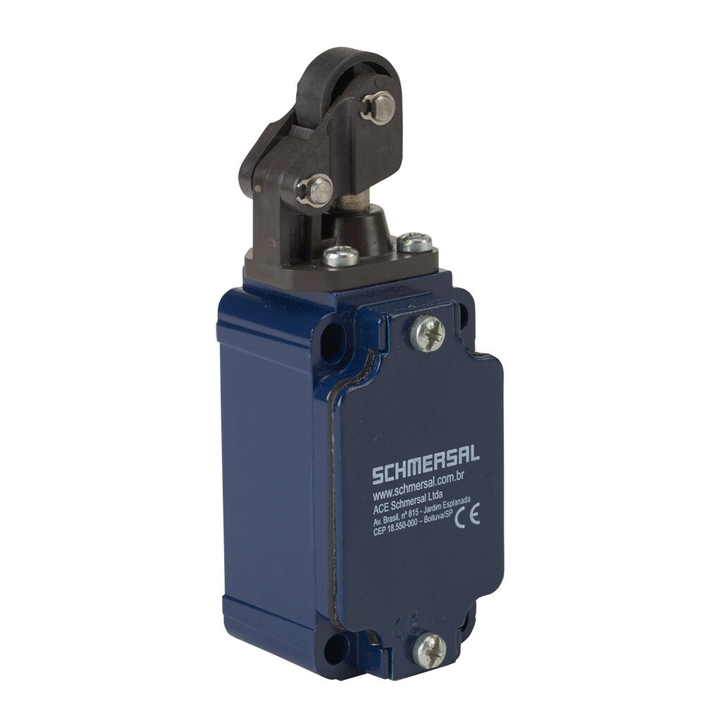 Z1K-335-11Z - Schmersal IEC limit switch, one-way horizontal lever with plastic roller, 90-degree adjustable head, (1) N.O./(1) N.C. contact(s), snap action, 30mm hole spacing, aluminum, (1) M20 x 1.5 entry with 1/2in NPT adapter.