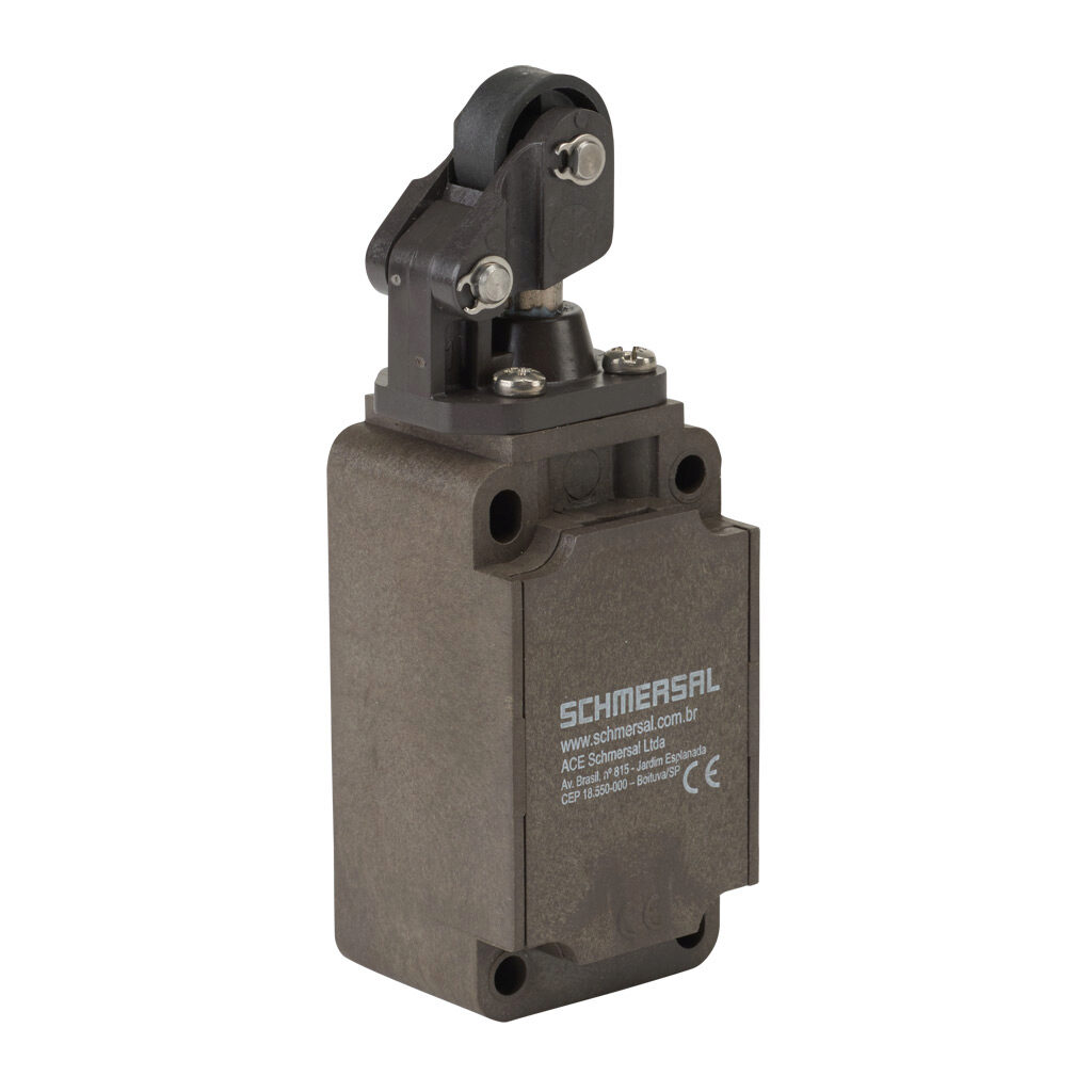 Z1K-336-11Z - Schmersal IEC limit switch, one-way horizontal lever with plastic roller, 90-degree adjustable head, (1) N.O./(1) N.C. contact(s), snap action, 30mm hole spacing, glass-fiber thermoplastic, (1) M20 x 1.5 entry with 1/2in NPT adapter.