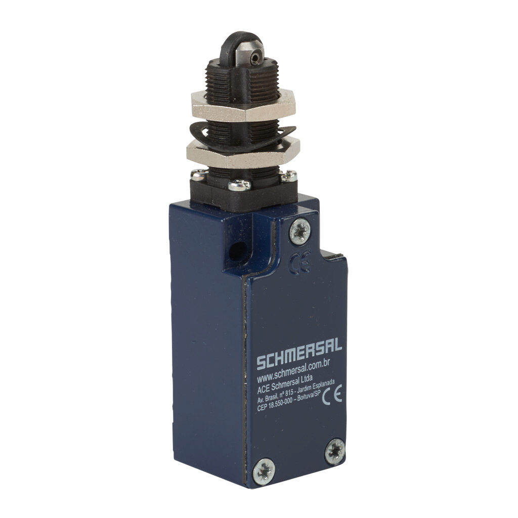 Z4R-235-02Z - Schmersal IEC limit switch, metal plunger with plastic roller with fixing nuts, 90-degree adjustable head, (2) N.C. contact(s), snap action, 20-22mm hole spacing, zinc alloy, (1) M20 x 1.5 entry with 1/2in NPT adapter.