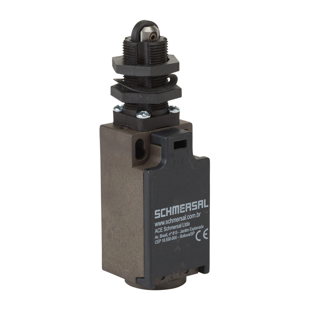 Z4R-236-02Z - Schmersal IEC limit switch, metal plunger with plastic roller with fixing nuts, 90-degree adjustable head, (2) N.C. contact(s), snap action, 20-22mm hole spacing, glass-fiber thermoplastic, (1) M20 x 1.5 entry with 1/2in NPT adapter.