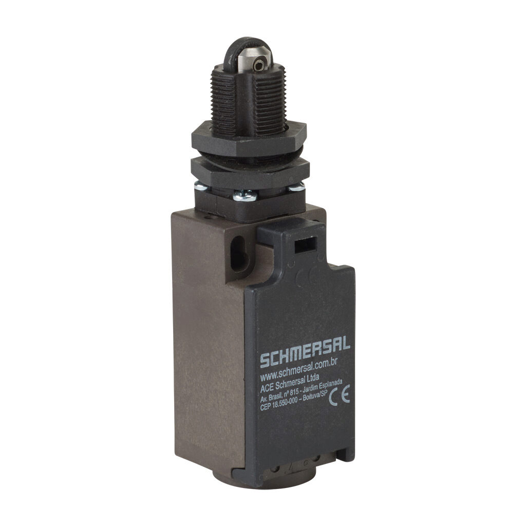 Z4R-236-11Z - Schmersal IEC limit switch, metal plunger with plastic roller with fixing nuts, 90-degree adjustable head, (1) N.O./(1) N.C. contact(s), snap action, 20-22mm hole spacing, glass-fiber thermoplastic, (1) M20 x 1.5 entry with 1/2in NPT...