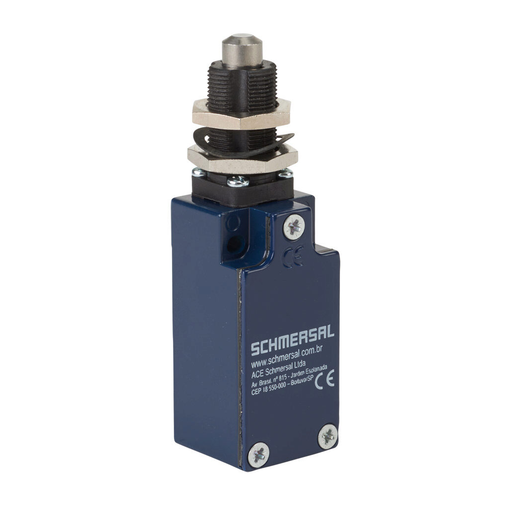 Z4S-235-11Z - Schmersal IEC limit switch, metal plunger with fixing nuts, 90-degree adjustable head, (1) N.O./(1) N.C. contact(s), snap action, 20-22mm hole spacing, zinc alloy, (1) M20 x 1.5 entry with 1/2in NPT adapter.