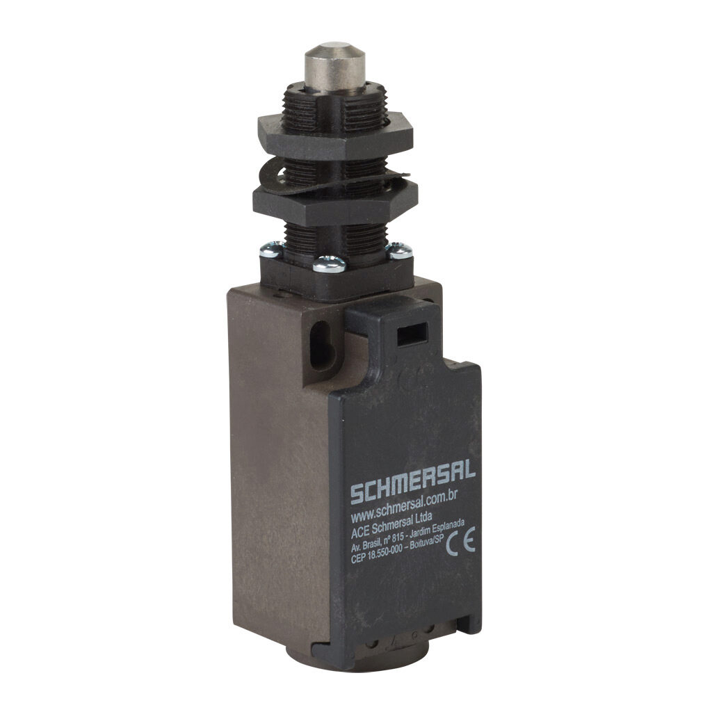 Z4S-236-02Z - Schmersal IEC limit switch, metal plunger with fixing nuts, 90-degree adjustable head, (2) N.C. contact(s), snap action, 20-22mm hole spacing, glass-fiber thermoplastic, (1) M20 x 1.5 entry with 1/2in NPT adapter.