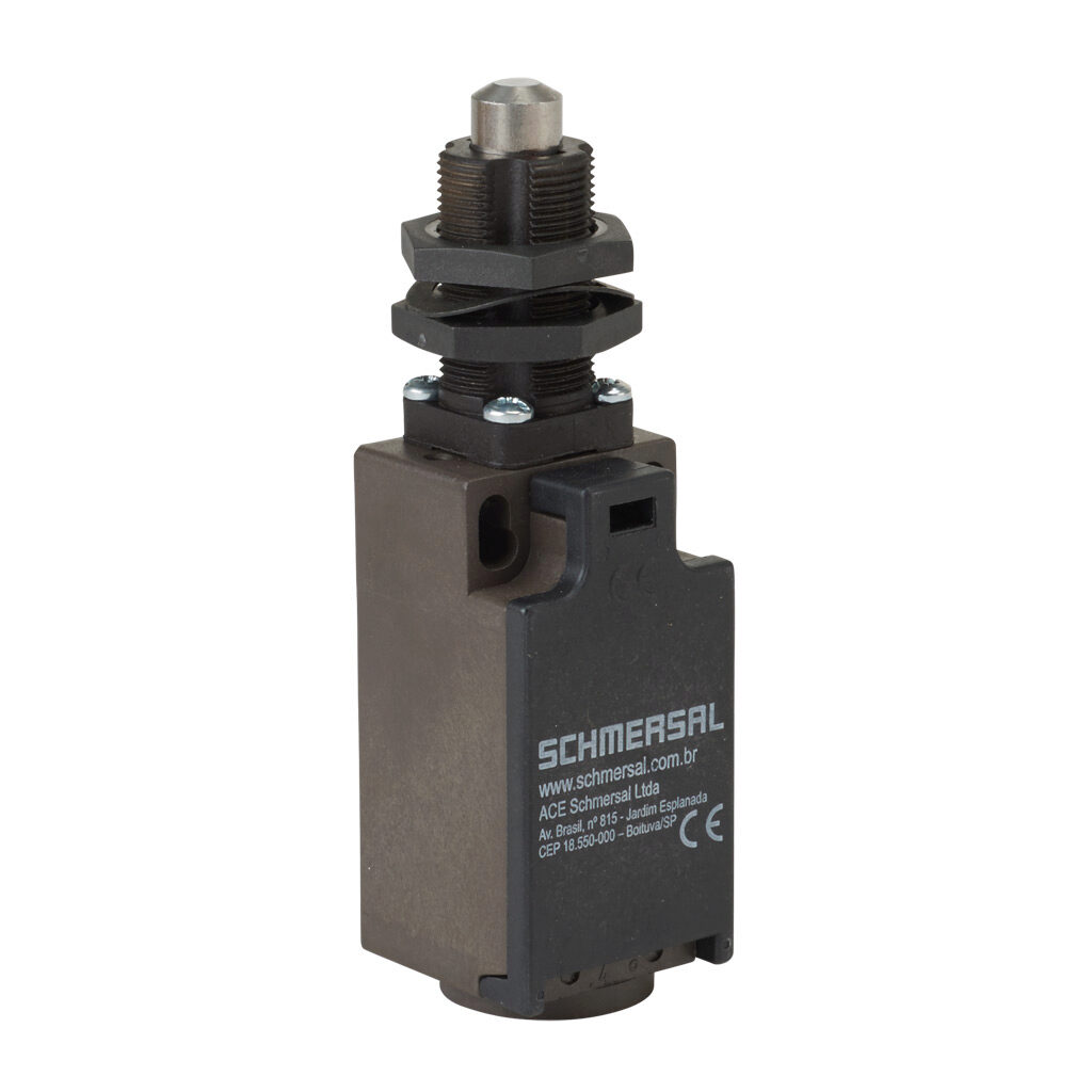 Z4S-236-11Z - Schmersal IEC limit switch, metal plunger with fixing nuts, 90-degree adjustable head, (1) N.O./(1) N.C. contact(s), snap action, 20-22mm hole spacing, glass-fiber thermoplastic, (1) M20 x 1.5 entry with 1/2in NPT adapter.