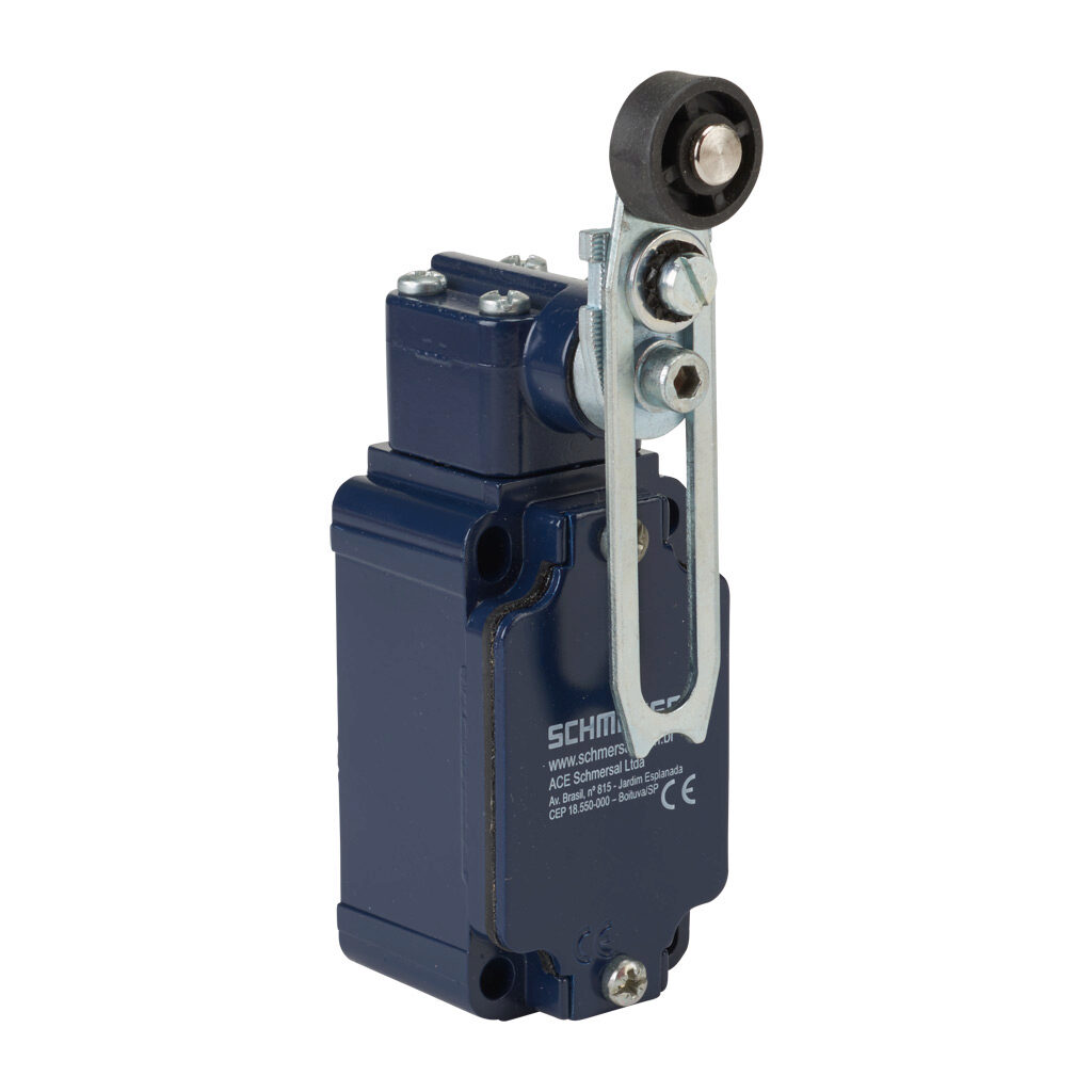 Z4V7H-335-02Z - Schmersal IEC limit switch, side rotary adjustable lever with plastic roller, 90-degree adjustable head, (2) N.C. contact(s), snap action, 30mm hole spacing, aluminum, (1) M20 x 1.5 entry with 1/2in NPT adapter.