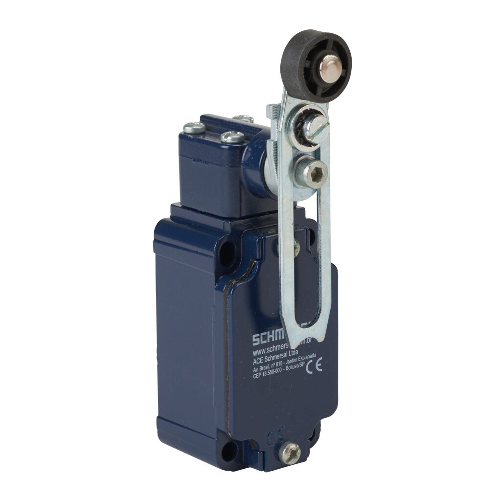 Z4V7H-335-11Z - Schmersal IEC limit switch, side rotary adjustable lever with plastic roller, 90-degree adjustable head, (1) N.O./(1) N.C. contact(s), snap action, 30mm hole spacing, aluminum, (1) M20 x 1.5 entry with 1/2in NPT adapter.