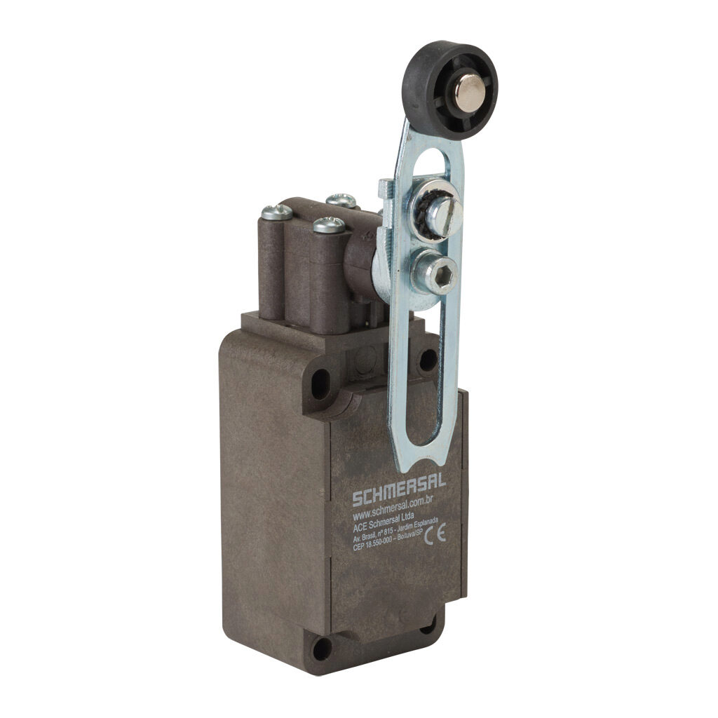Z4V7H-336-02Z - Schmersal IEC limit switch, side rotary adjustable lever with plastic roller, 90-degree adjustable head, (2) N.C. contact(s), snap action, 30mm hole spacing, glass-fiber thermoplastic, (1) M20 x 1.5 entry with 1/2in NPT adapter.