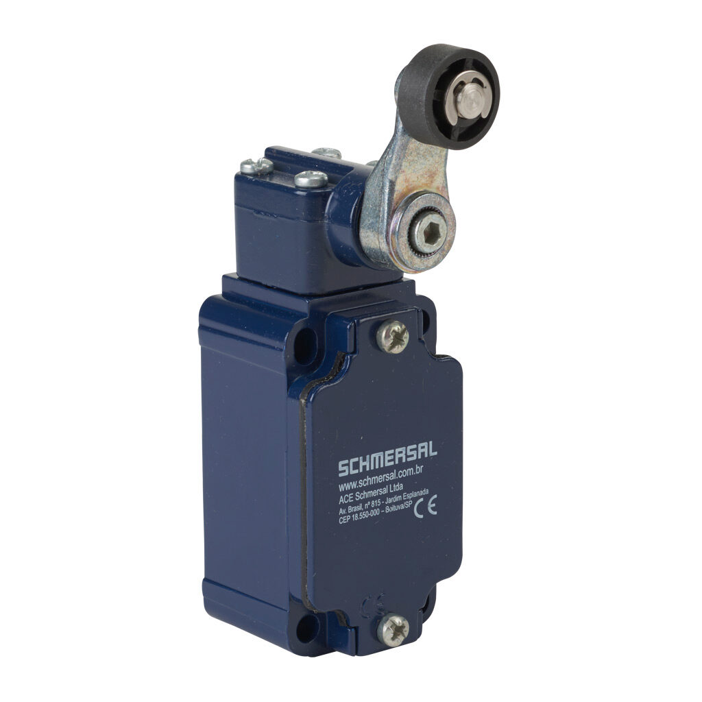 Z4VH-335-02Z - Schmersal IEC limit switch, side rotary lever with plastic roller, 90-degree adjustable head, (2) N.C. contact(s), snap action, 30mm hole spacing, aluminum, (1) M20 x 1.5 entry with 1/2in NPT adapter.