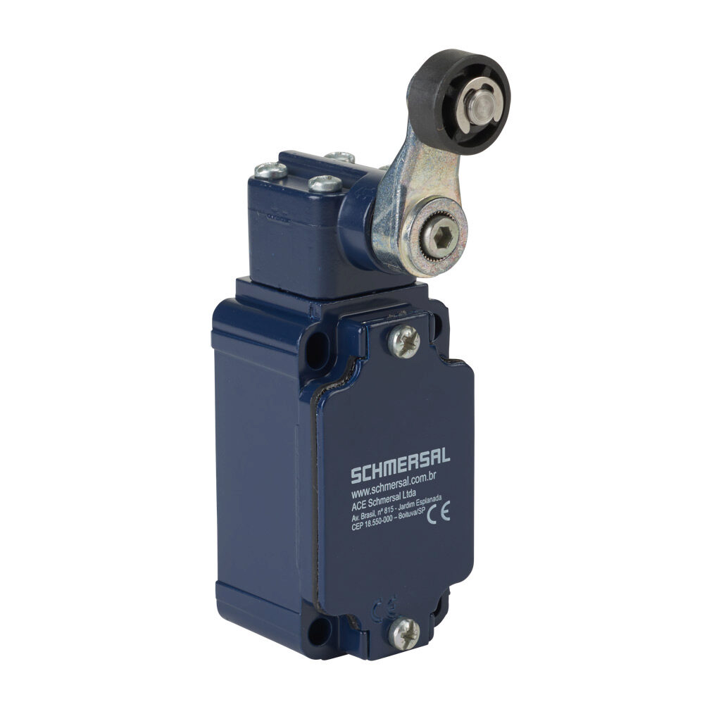 Z4VH-335-11Z - Schmersal IEC limit switch, side rotary lever with plastic roller, 90-degree adjustable head, (1) N.O./(1) N.C. contact(s), snap action, 30mm hole spacing, aluminum, (1) M20 x 1.5 entry with 1/2in NPT adapter.