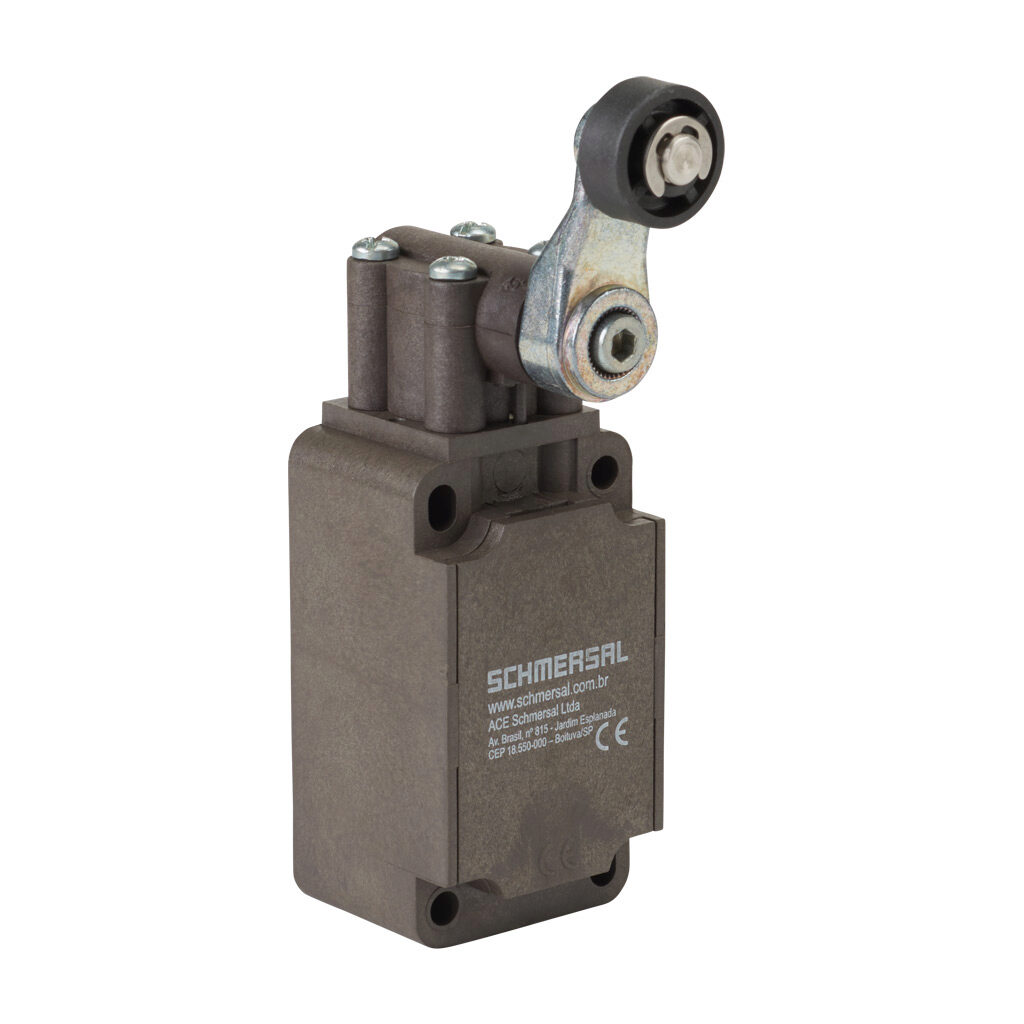 Z4VH-336-11Z - Schmersal IEC limit switch, side rotary lever with plastic roller, 90-degree adjustable head, (1) N.O./(1) N.C. contact(s), snap action, 30mm hole spacing, glass-fiber thermoplastic, (1) M20 x 1.5 entry with 1/2in NPT adapter.