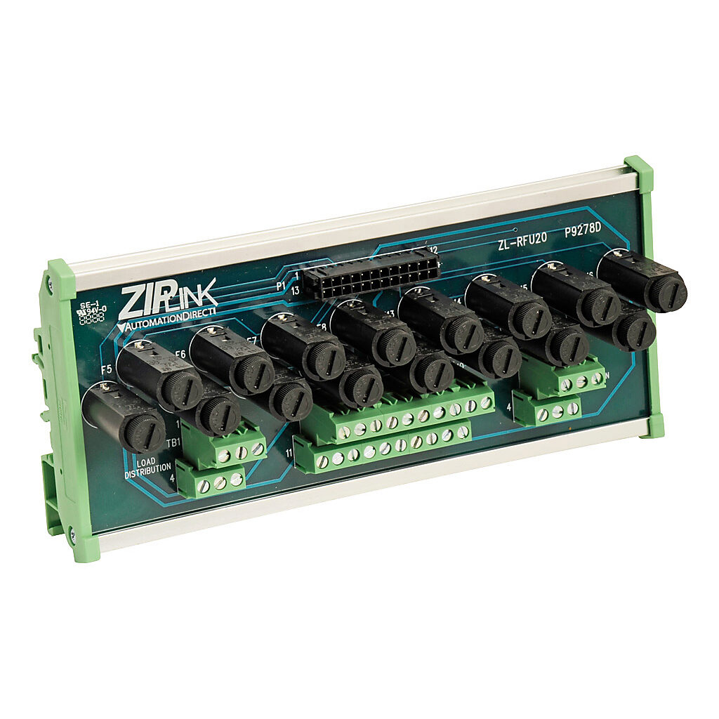 ZL-RFU20 - ZIPLink fuse module, 16-point, user-supplied external fuse, 0-75 VDC/0-250 VAC, 2A/circuit, DIN rail mount.