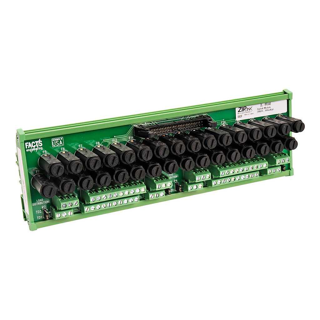 ZL-RFU40 - ZIPLink fuse module, 32-point, user-supplied external fuse, 0-30 VDC, 0.4A/circuit, DIN rail mount.