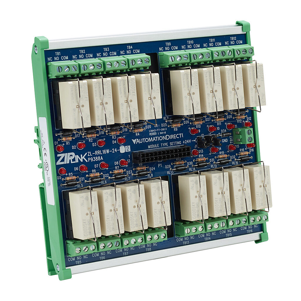 ZL-RRL16W-24-2 - ZIPLink reduced-width relay output module, 16-point, sourcing, (16) Form C (SPDT) relays, LED indication, 24 VDC (coil), 8A at 250 VAC, 10A at 30 VDC, DIN rail mount. For replacement relays, use ZL-RELAY-24X4.