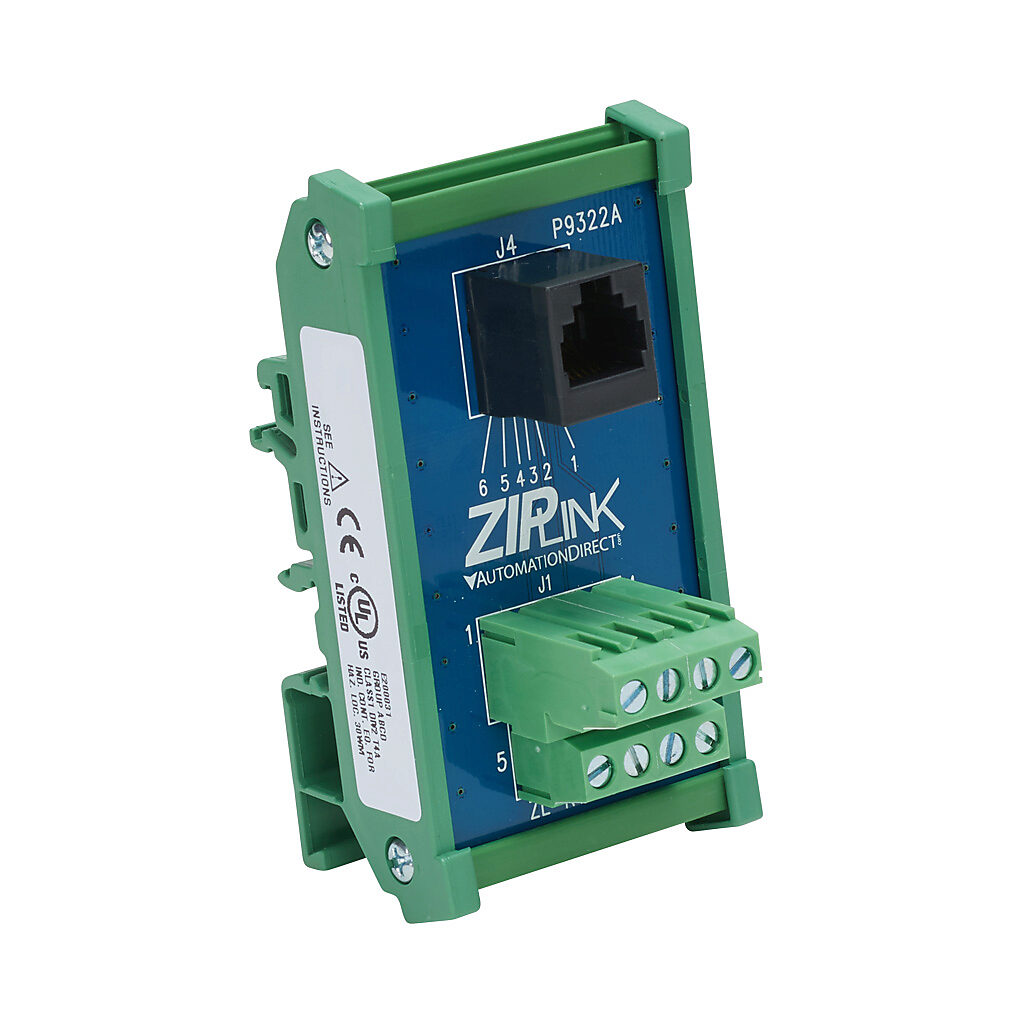 ZL-RTB-RJ12 - ZIPLink feedthrough communication module, 8-position terminal block to RJ12 6P6C female, DIN rail mount.
