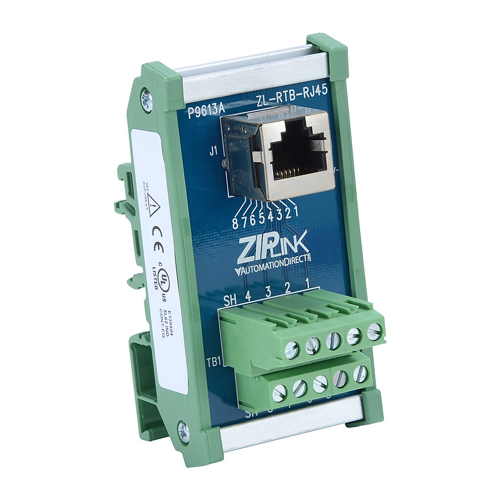 ZL-RTB-RJ45 - ZIPLink feedthrough communication module, 10-position terminal block to RJ45 8P8C female, DIN rail mount.