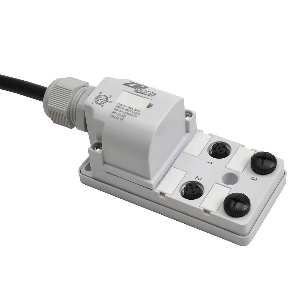 ZP-JBH44-00-5 - ZIPport junction block, 4 ports, 5-pin M12 sockets, 4-wire, 150 VAC/VDC, 3A, 5m integrated cable, IP67. (2) port caps for unused ports included.