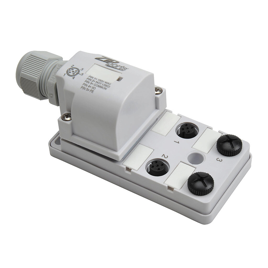 ZP-JBH44-00-FW - ZIPport junction block, 4 ports, 5-pin M12 sockets, 4-wire, 150 VAC/VDC, 3A, field-wired connection, IP67. (2) port caps for unused ports included.