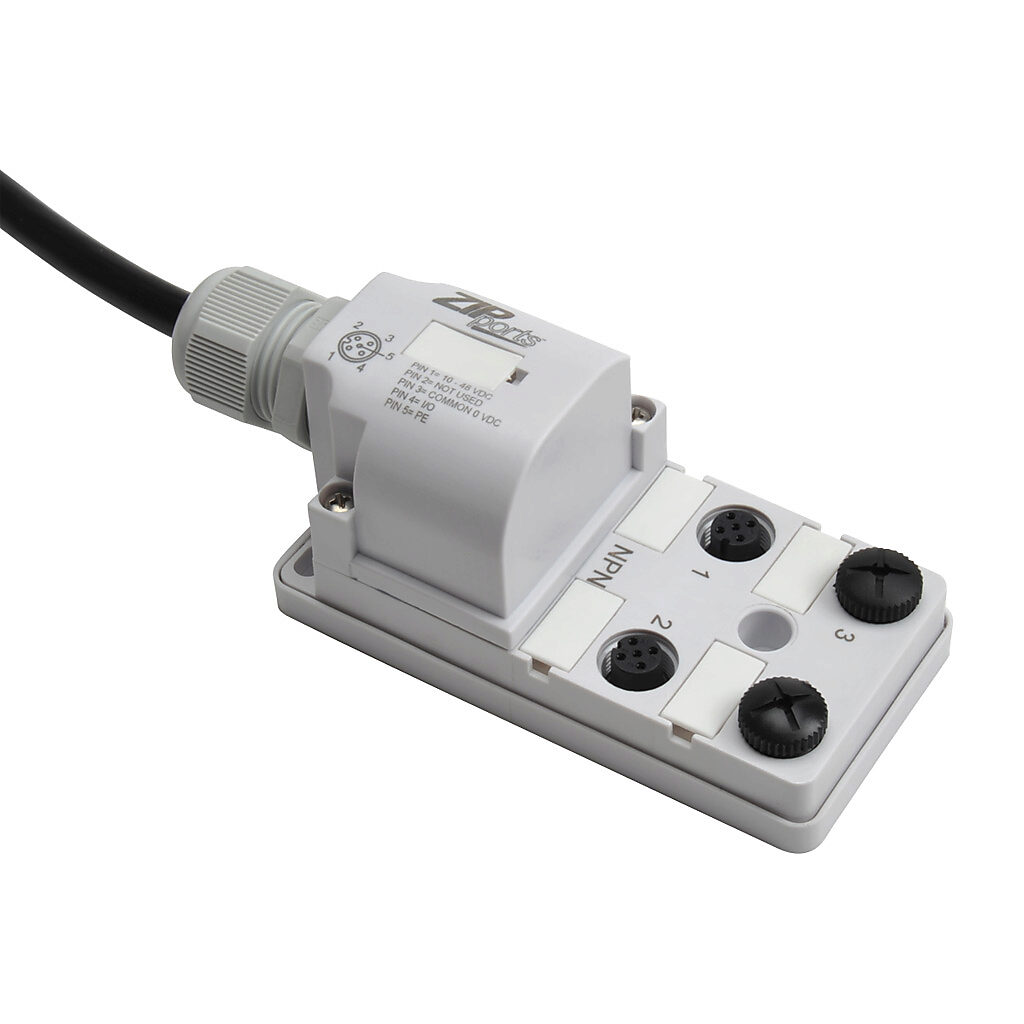 ZP-JBH44-2N-5 - ZIPport junction block, 4 ports, 5-pin M12 sockets, 4-wire, 48 VDC, 3A, power and NPN LED indicator(s), 5m integrated cable, IP67. (2) port caps for unused ports included.