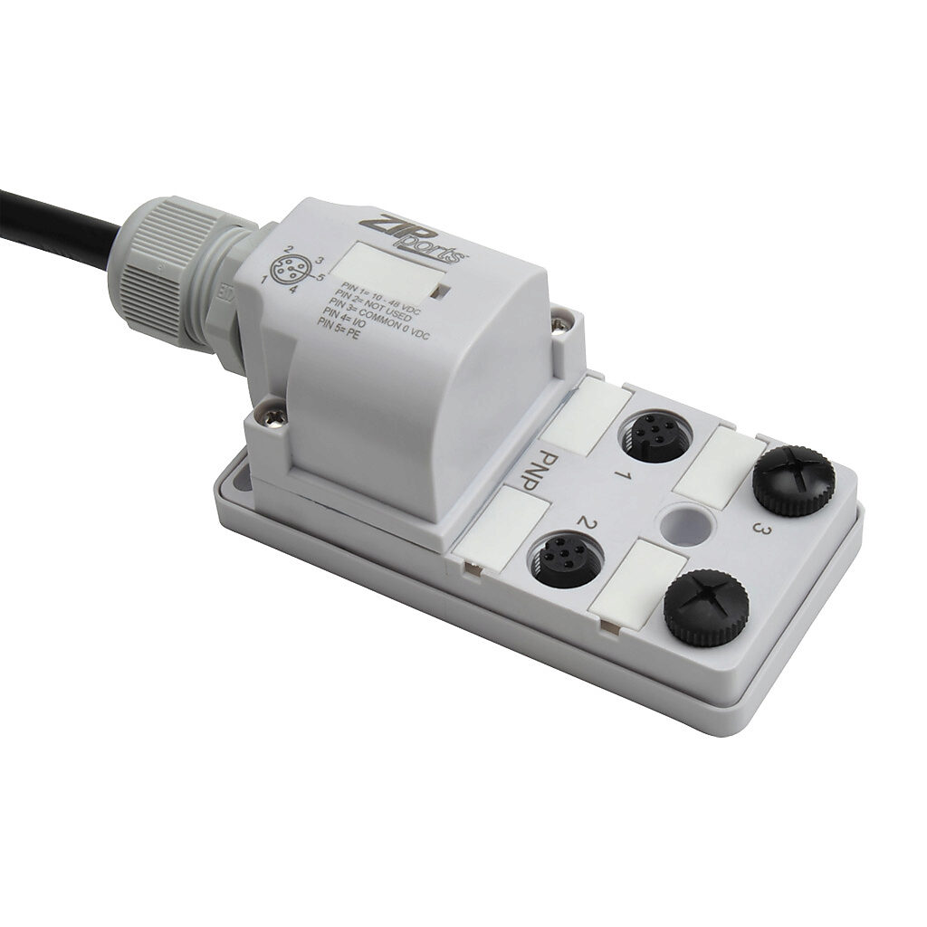 ZP-JBH44-2P-5 - ZIPport junction block, 4 ports, 5-pin M12 sockets, 4-wire, 48 VDC, 3A, power and PNP LED indicator(s), 5m integrated cable, IP67. (2) port caps for unused ports included.