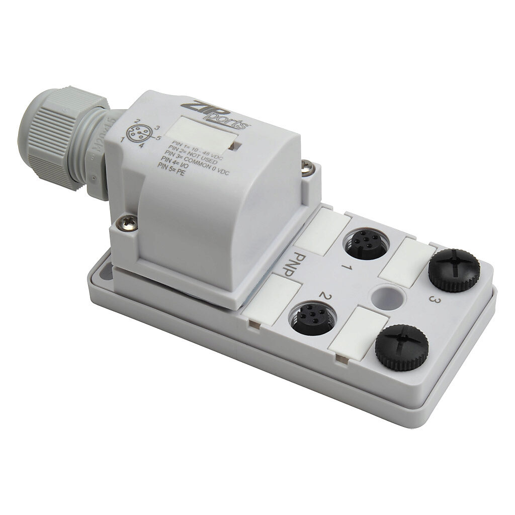 ZP-JBH44-2P-FW - ZIPport junction block, 4 ports, 5-pin M12 sockets, 4-wire, 48 VDC, 3A, power and PNP LED indicator(s), field-wired connection, IP67. (2) port caps for unused ports included.