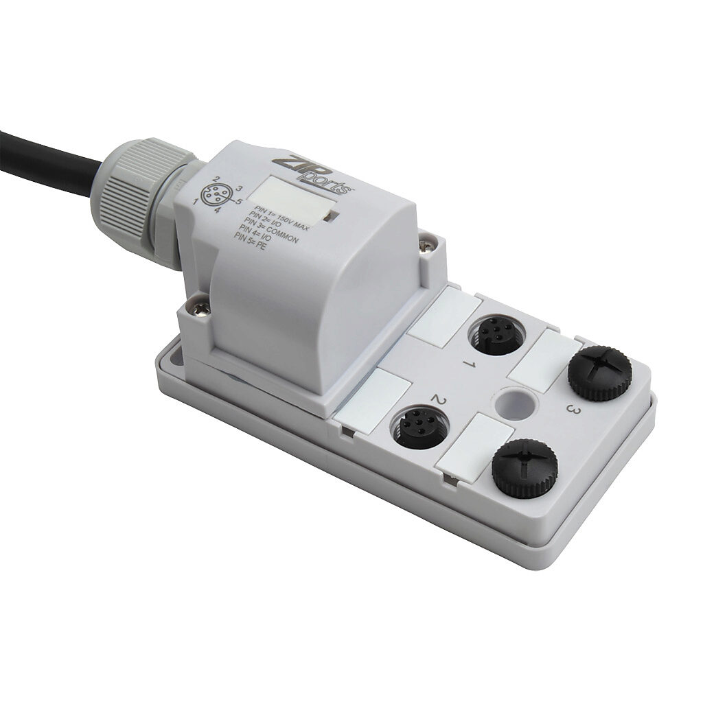 ZP-JBH45-00-5 - ZIPport junction block, 4 ports, 5-pin M12 sockets, 5-wire, 150 VAC/VDC, 3A, 5m integrated cable, IP67. (2) port caps for unused ports included.