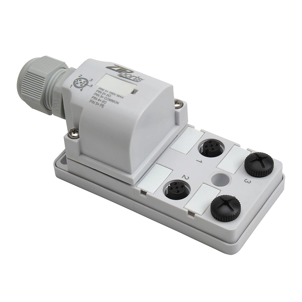 ZP-JBH45-00-FW - ZIPport junction block, 4 ports, 5-pin M12 sockets, 5-wire, 150 VAC/VDC, 3A, field-wired connection, IP67. (2) port caps for unused ports included.