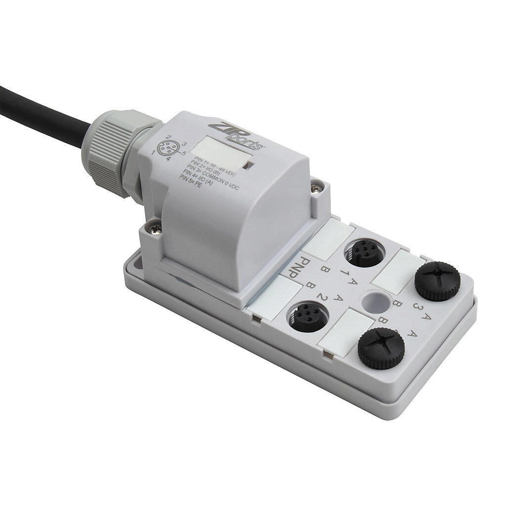 ZP-JBH45-2P-5 - ZIPport junction block, 4 ports, 5-pin M12 sockets, 5-wire, 48 VDC, 3A, power and PNP LED indicator(s), 5m integrated cable, IP67. (2) port caps for unused ports included.