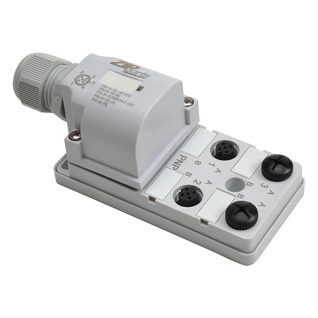 ZP-JBH45-2P-FW - ZIPport junction block, 4 ports, 5-pin M12 sockets, 5-wire, 48 VDC, 3A, power and PNP LED indicator(s), field-wired connection, IP67. (2) port caps for unused ports included.