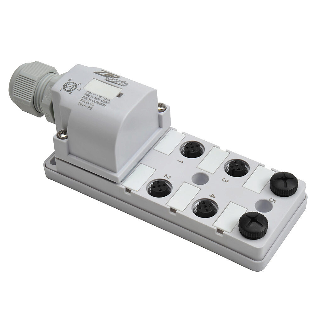 ZP-JBH64-00-FW - ZIPport junction block, 6 ports, 5-pin M12 sockets, 4-wire, 150 VAC/VDC, 3A, field-wired connection, IP67. (2) port caps for unused ports included.