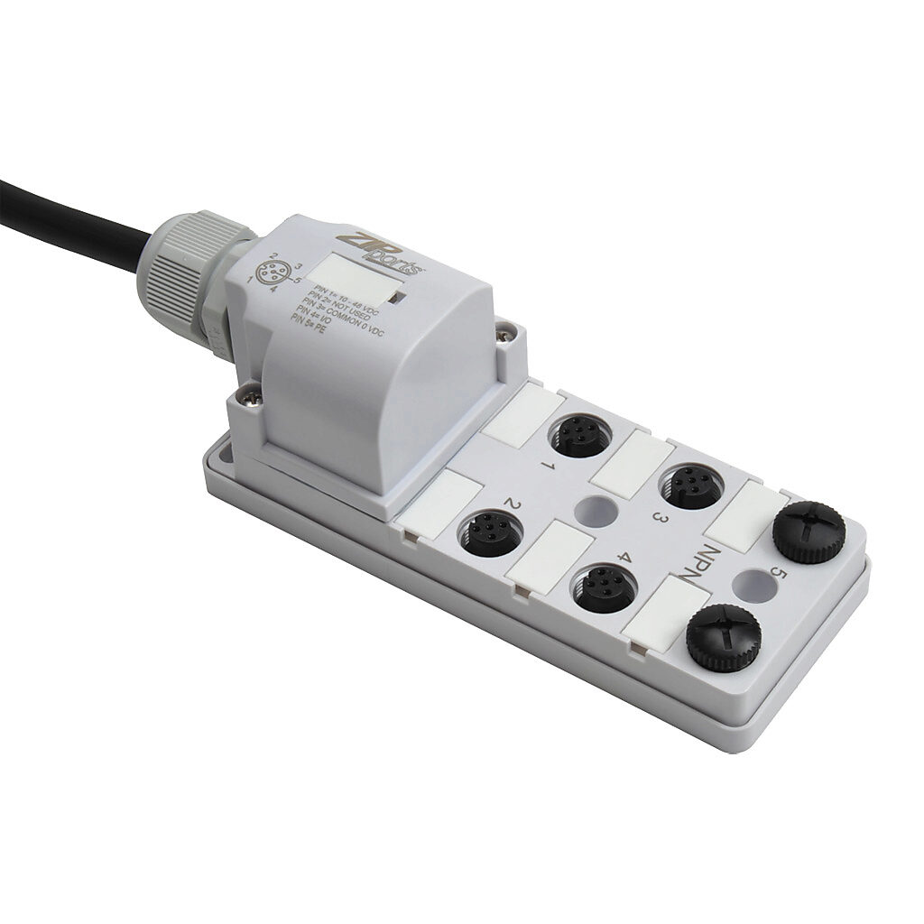 ZP-JBH64-2N-5 - ZIPport junction block, 6 ports, 5-pin M12 sockets, 4-wire, 48 VDC, 3A, power and NPN LED indicator(s), 5m integrated cable, IP67. (2) port caps for unused ports included.