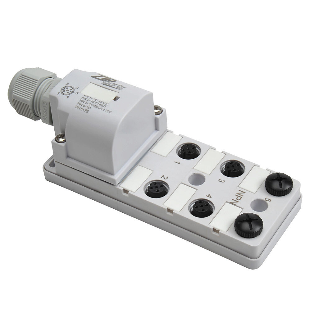 ZP-JBH64-2N-FW - ZIPport junction block, 6 ports, 5-pin M12 sockets, 4-wire, 48 VDC, 3A, power and NPN LED indicator(s), field-wired connection, IP67. (2) port caps for unused ports included.