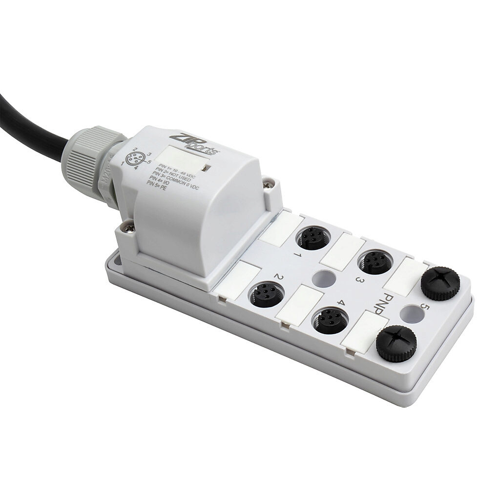 ZP-JBH64-2P-5 - ZIPport junction block, 6 ports, 5-pin M12 sockets, 4-wire, 48 VDC, 3A, power and PNP LED indicator(s), 5m integrated cable, IP67. (2) port caps for unused ports included.