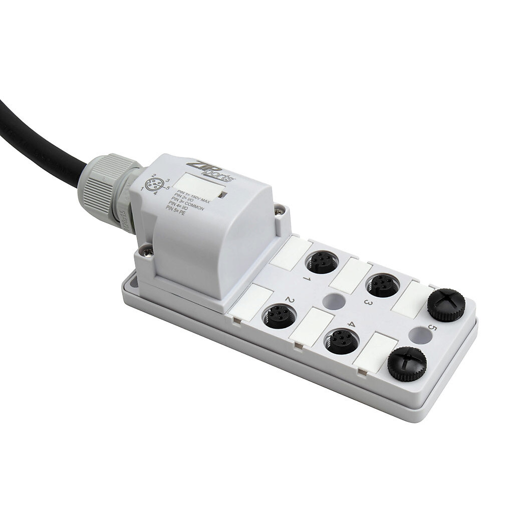 ZP-JBH65-00-5 - ZIPport junction block, 6 ports, 5-pin M12 sockets, 5-wire, 150 VAC/VDC, 3A, 5m integrated cable, IP67. (2) port caps for unused ports included.
