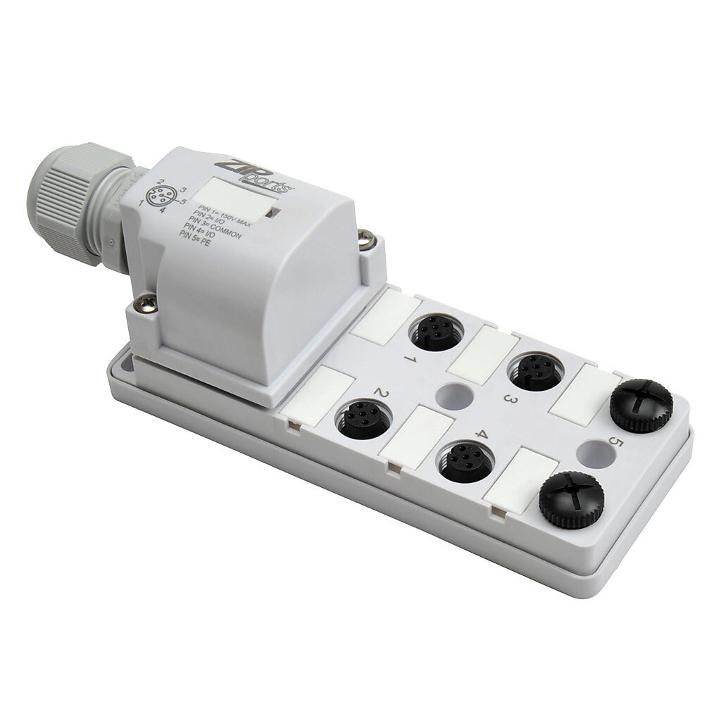 ZP-JBH65-00-FW - ZIPport junction block, 6 ports, 5-pin M12 sockets, 5-wire, 150 VAC/VDC, 3A, field-wired connection, IP67. (2) port caps for unused ports included.
