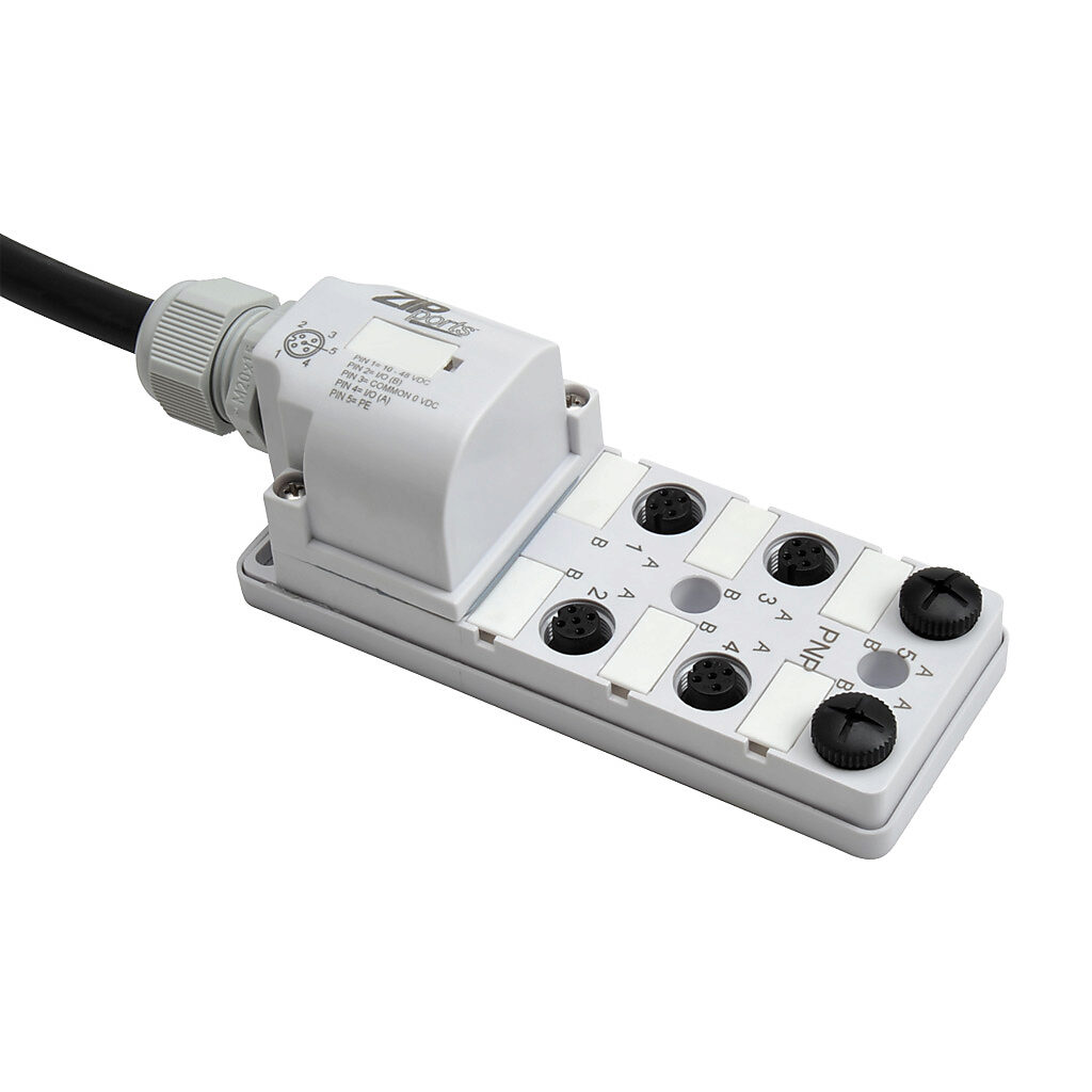 ZP-JBH65-2P-5 - ZIPport junction block, 6 ports, 5-pin M12 sockets, 5-wire, 48 VDC, 3A, power and PNP LED indicator(s), 5m integrated cable, IP67. (2) port caps for unused ports included.