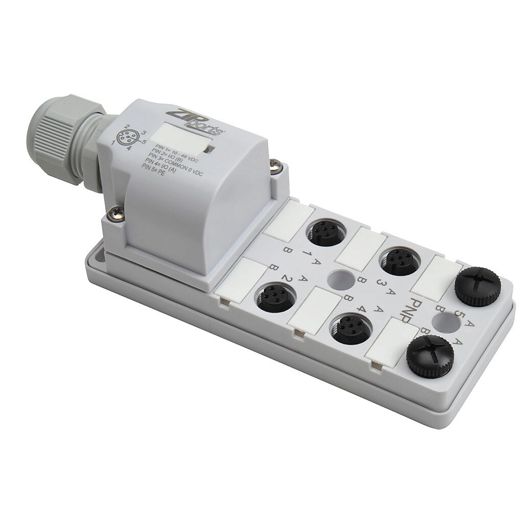 ZP-JBH65-2P-FW - ZIPport junction block, 6 ports, 5-pin M12 sockets, 5-wire, 48 VDC, 3A, power and PNP LED indicator(s), field-wired connection, IP67. (2) port caps for unused ports included.