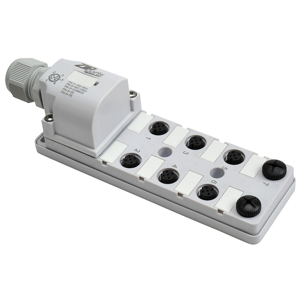 ZP-JBH84-00-FW - ZIPport junction block, 8 ports, 5-pin M12 sockets, 4-wire, 150 VAC/VDC, 3A, field-wired connection, IP67. (2) port caps for unused ports included.