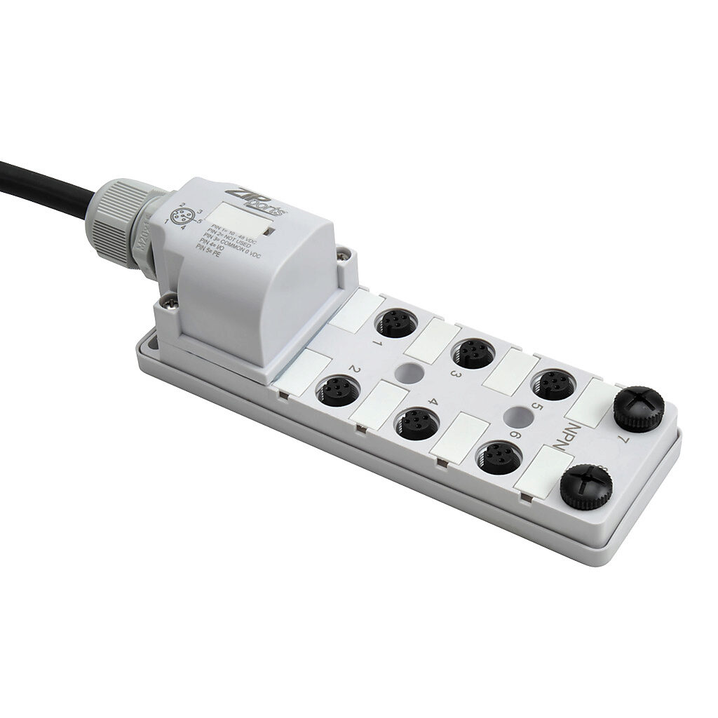 ZP-JBH84-2N-5 - ZIPport junction block, 8 ports, 5-pin M12 sockets, 4-wire, 48 VDC, 3A, power and NPN LED indicator(s), 5m integrated cable, IP67. (2) port caps for unused ports included.