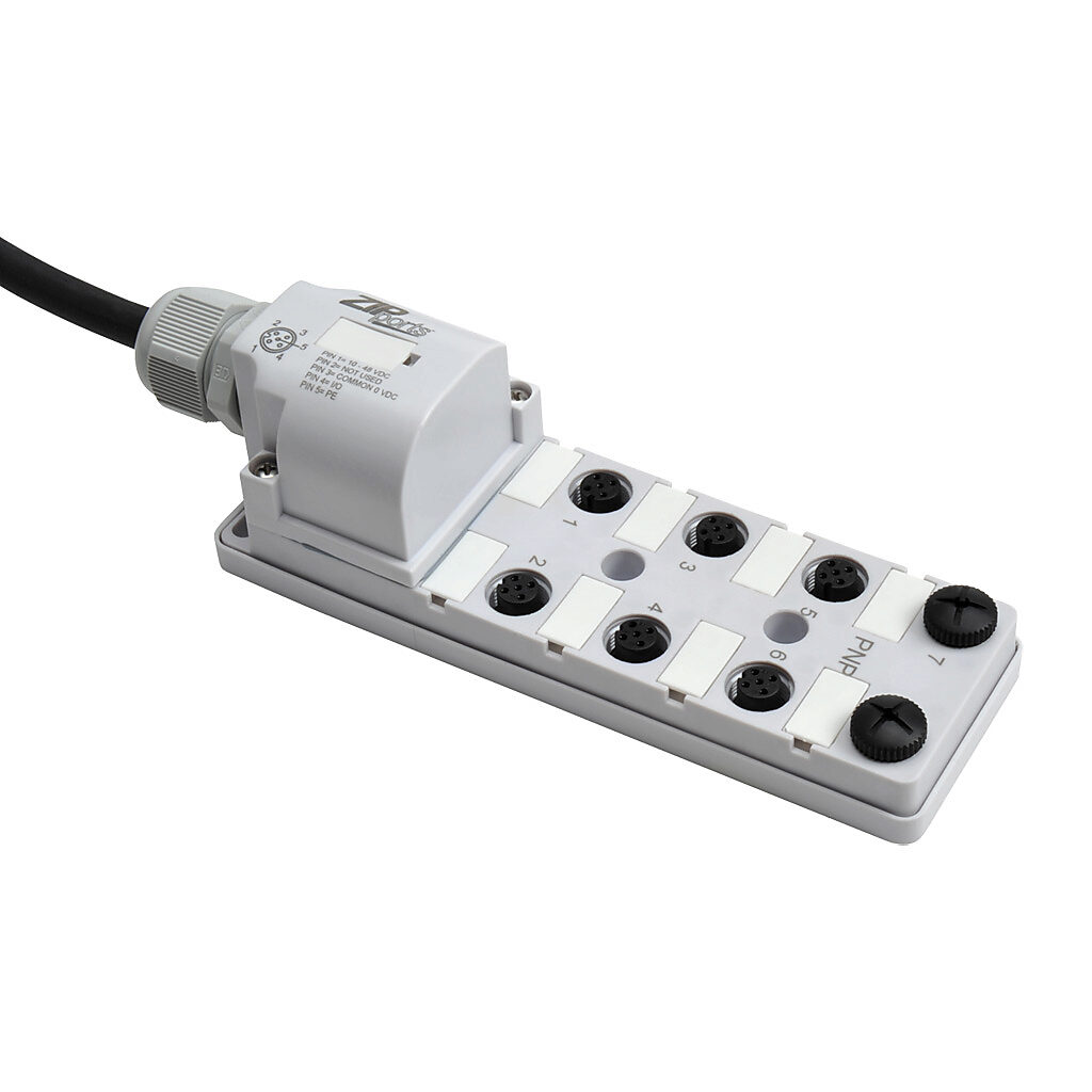 ZP-JBH84-2P-5 - ZIPport junction block, 8 ports, 5-pin M12 sockets, 4-wire, 48 VDC, 3A, power and PNP LED indicator(s), 5m integrated cable, IP67. (2) port caps for unused ports included.