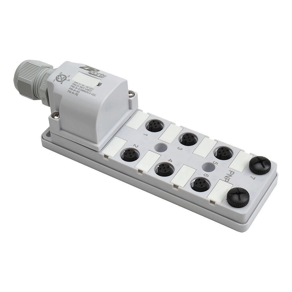 ZP-JBH84-2P-FW - ZIPport junction block, 8 ports, 5-pin M12 sockets, 4-wire, 48 VDC, 3A, power and PNP LED indicator(s), field-wired connection, IP67. (2) port caps for unused ports included.
