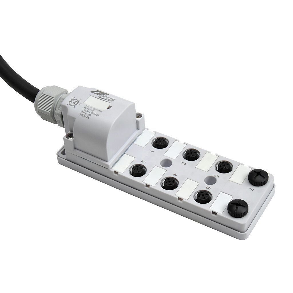 ZP-JBH85-00-5 - ZIPport junction block, 8 ports, 5-pin M12 sockets, 5-wire, 150 VAC/VDC, 3A, 5m integrated cable, IP67. (2) port caps for unused ports included.