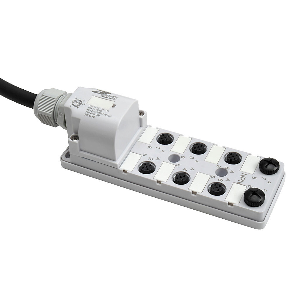ZP-JBH85-2N-5 - ZIPport junction block, 8 ports, 5-pin M12 sockets, 5-wire, 48 VDC, 3A, power and NPN LED indicator(s), 5m integrated cable, IP67. (2) port caps for unused ports included.