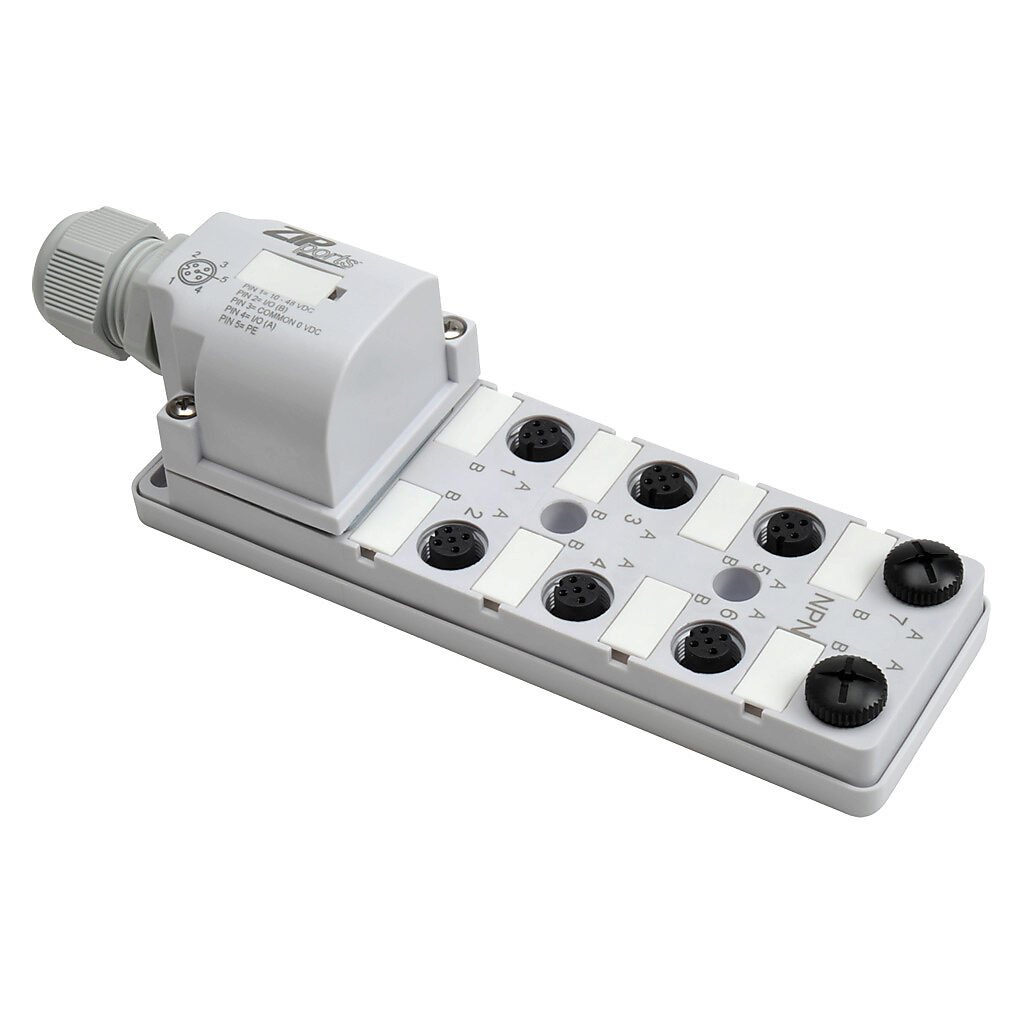 ZP-JBH85-2N-FW - ZIPport junction block, 8 ports, 5-pin M12 sockets, 5-wire, 48 VDC, 3A, power and NPN LED indicator(s), field-wired connection, IP67. (2) port caps for unused ports included.