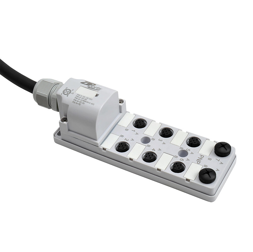 ZP-JBH85-2P-5 - ZIPport junction block, 8 ports, 5-pin M12 sockets, 5-wire, 48 VDC, 3A, power and PNP LED indicator(s), 5m integrated cable, IP67. (2) port caps for unused ports included.