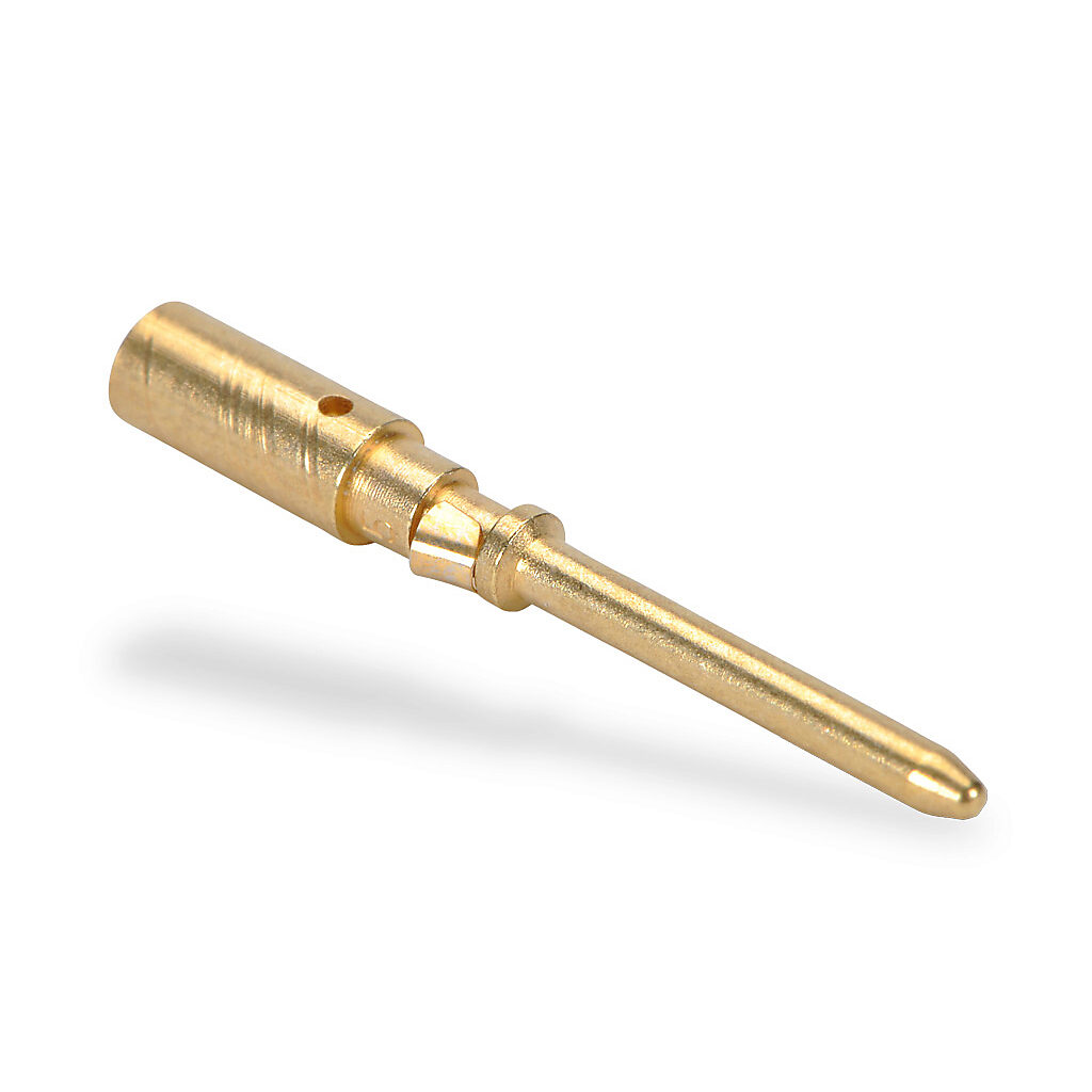 ZP-MC-CC-M10A-14G - ZIPport crimp contact, male, 10 amp, accepts wire size 14 AWG, gold-plated copper alloy. Package of 100. For use with ZIPport multi-wire male inserts rated for 10 amps.